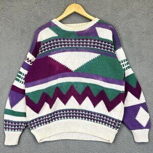 Vintage Amano Hamsa Fatima Hand Geometric‎ Multicolor Knitted Women's Sweater L
